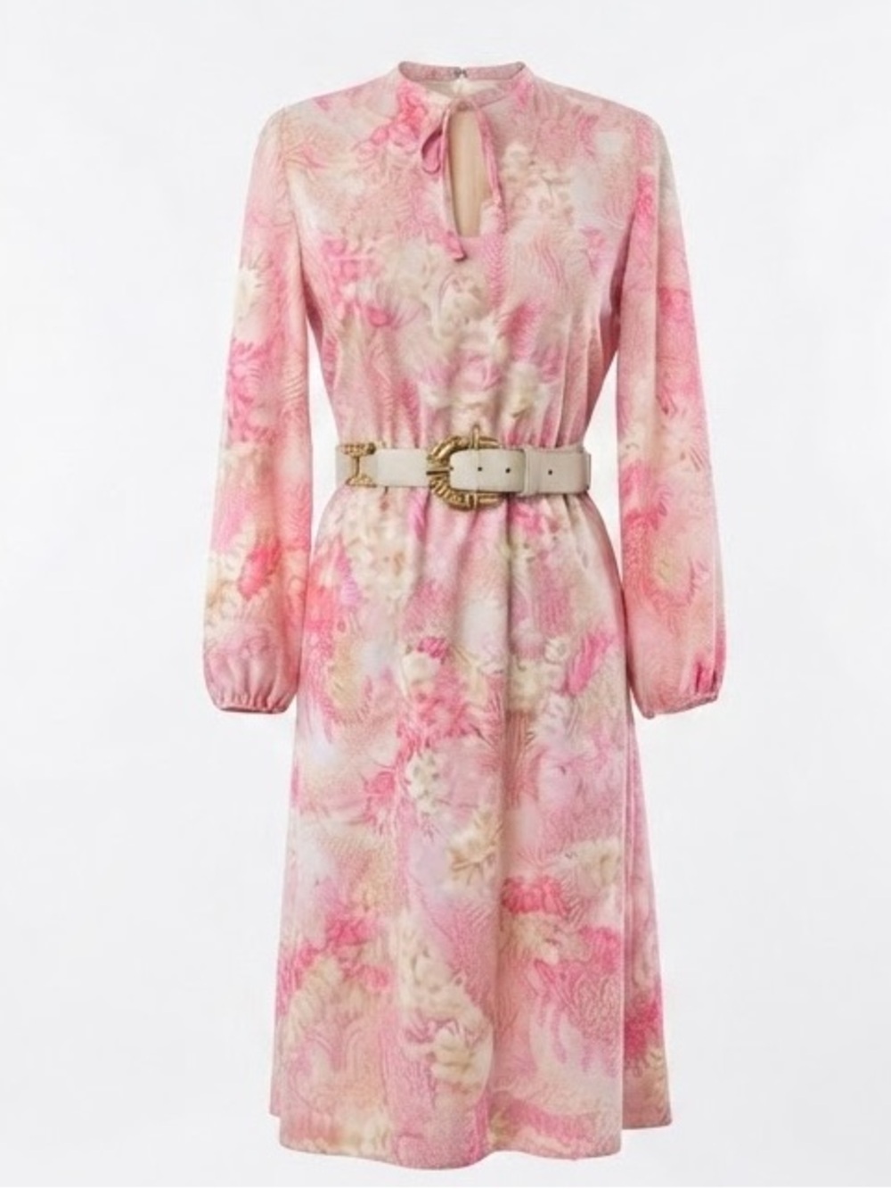 Vintage 70s Women’s Floral Pink Print Midi Dress Handmade Medium